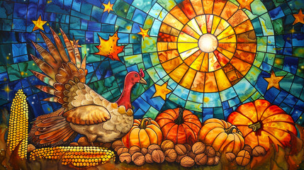 Thanksgiving world painted in stained glass style,
