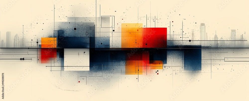 Poster this abstract artwork consists of geometric shapes interplayed with warm and cool tones, creating a 