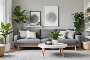 Modern Living Room Interior with Gray Sofa, Plants, and White Coffee Table