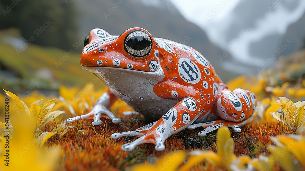Wall mural digital illustration of colorful smart frog in dynamic dimensions: whimsical frog with monocle in ab
