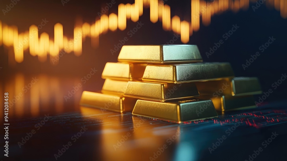 Poster a stack of gold bars symbolizing wealth and investment, with a dynamic market graph in the backgroun