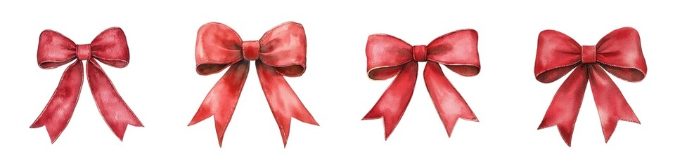 A classic red velvet bow, watercolor clipart, rich and elegant holiday decor, isolated on white background