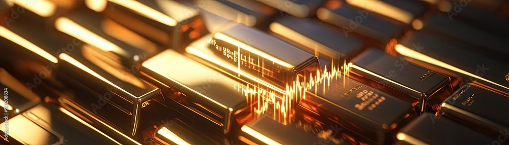 Poster golden bars arranged luxuriously, showcasing wealth and opulence against a backdrop of shimmering li