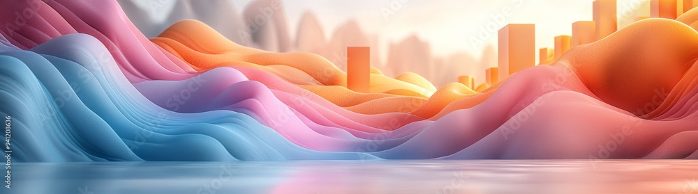 Aufkleber In which 3D cubes merge into a fluid landscape, dynamic dimensions on a pastel background, and copy space are combined to create an illusion of geometric geometry