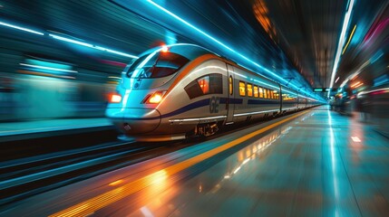Fototapeta premium High-Speed Train Blurred in Motion Under Neon Lights