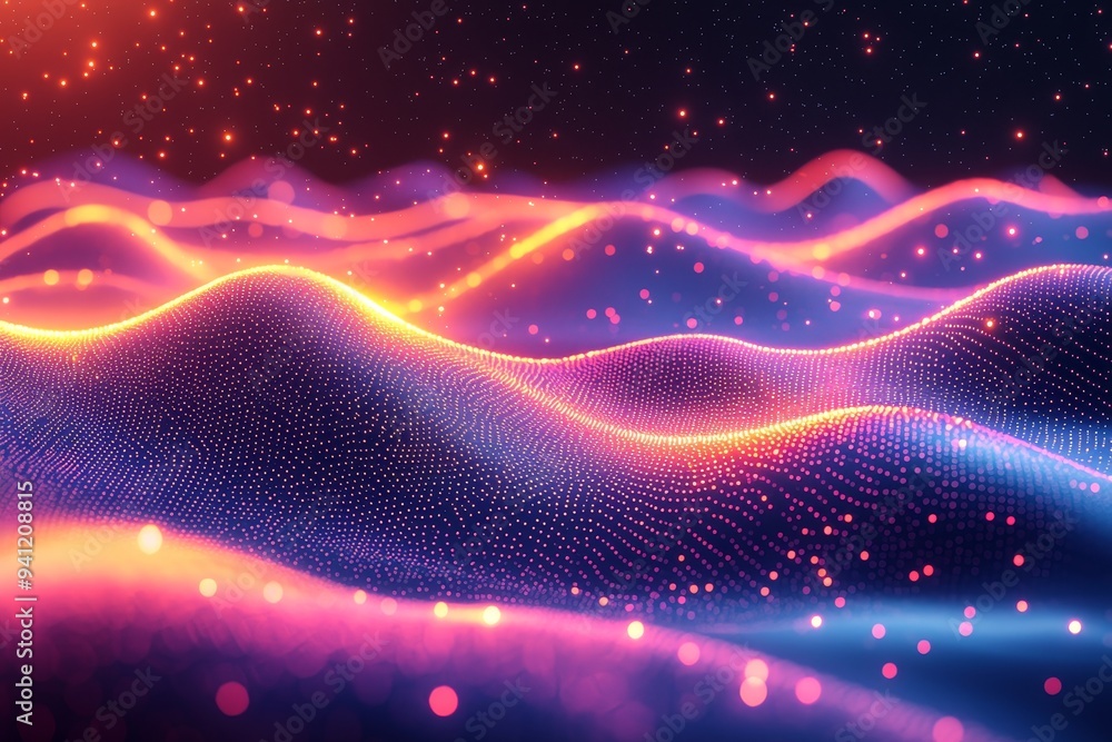 Poster a beautiful wave-shaped illustration on a dark background showing dynamic sound motion.