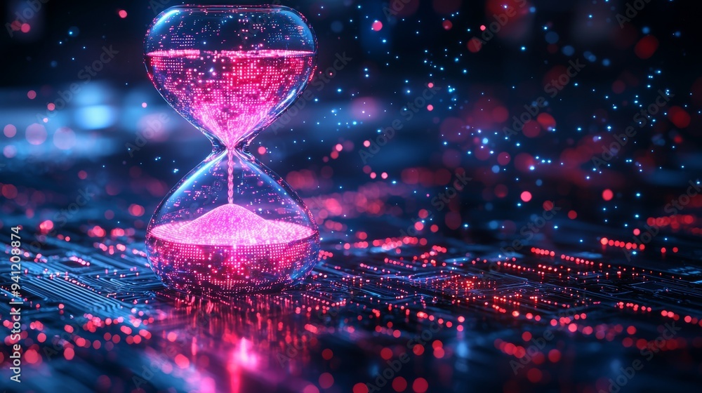 Fototapete The data grains in this neon hourglass flow endlessly across dimensions as they enter and exit cyberspace