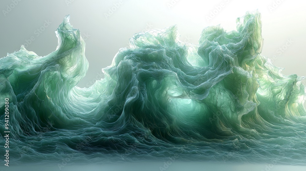 Poster a digitally created abstract composition with dynamic teal waves flowing smoothly, creating a sense 