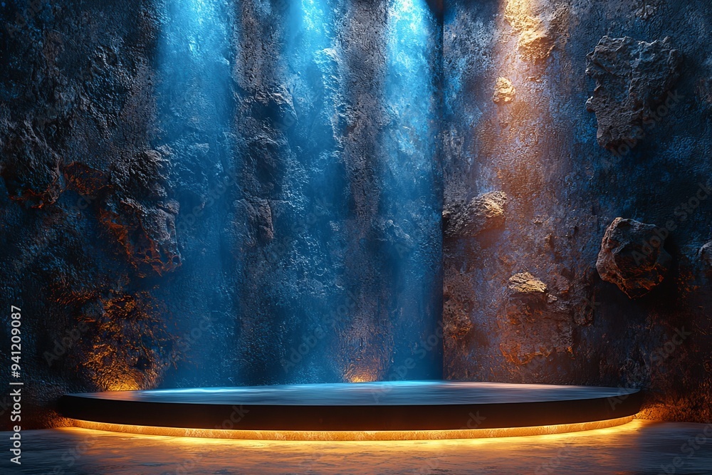 Aufkleber with a two-toned blue gradient background and a luminous central light beam, this scene is dynamic a