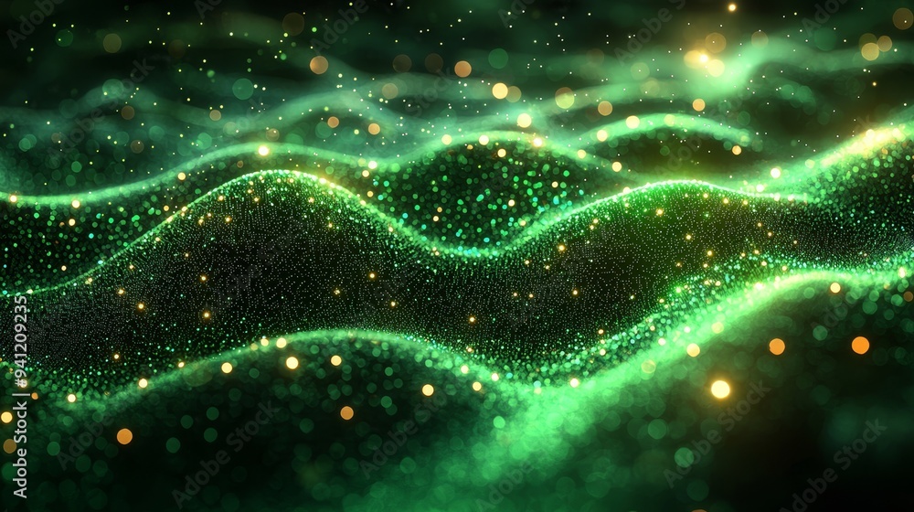 Aufkleber There is a dynamic and abstract background composed of glowing green particles that move in a wavelike pattern that creates a sense of depth and movement.