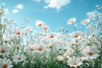 A field of white daisies with a blue sky and white clouds above.