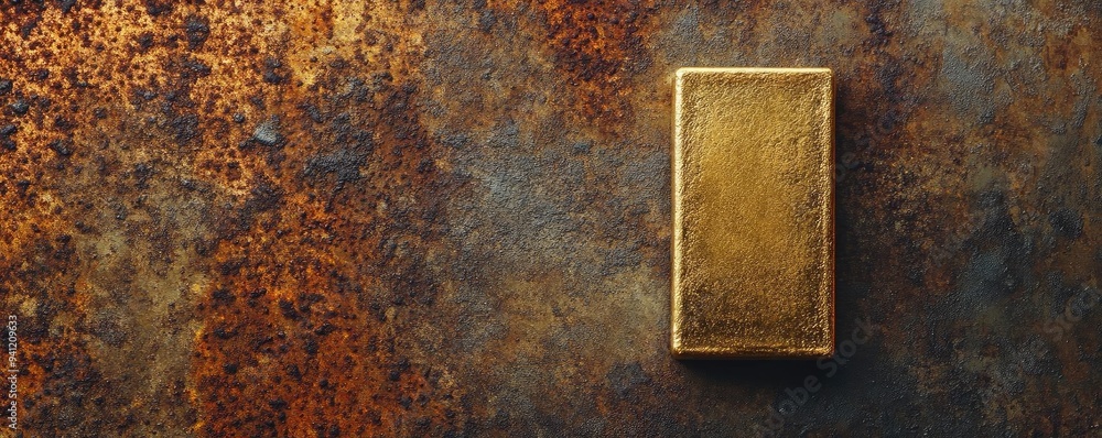 Poster A gleaming gold bar resting on a textured rust background, symbolizing wealth and luxury in a striking visual composition.