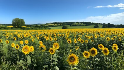 Sunflowers Blooming in a Field with Green Hills in the Background