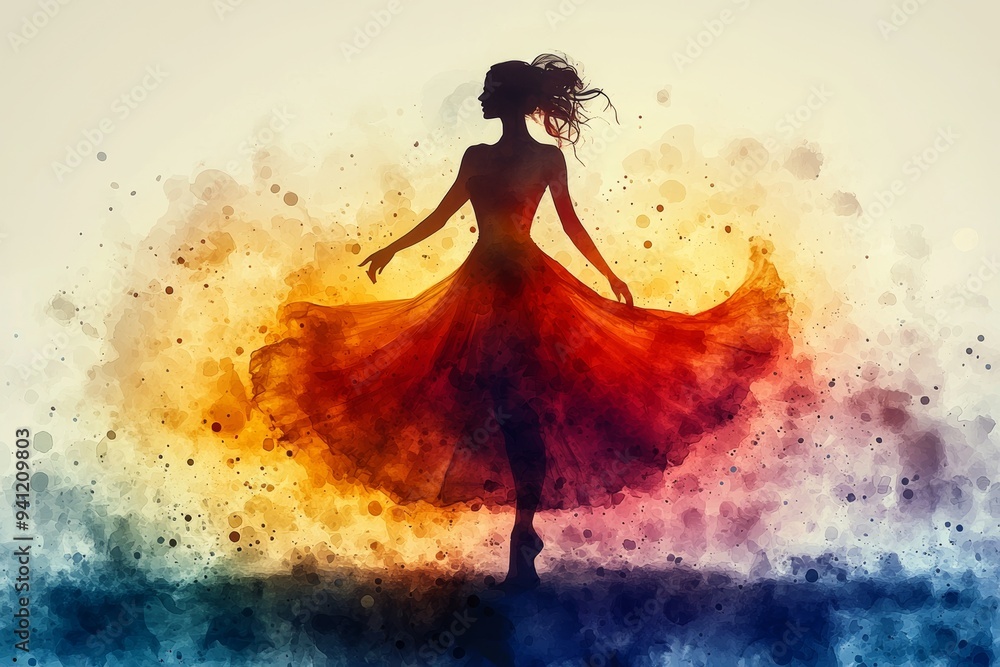 Leinwandbilder in soft pastels, an abstract watercolor pattern depicts a silhouette of a dancer in a dynamic pose