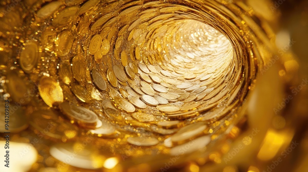 Aufkleber a close-up view of golden coins stacked, creating a tunnel effect that conveys wealth and prosperity