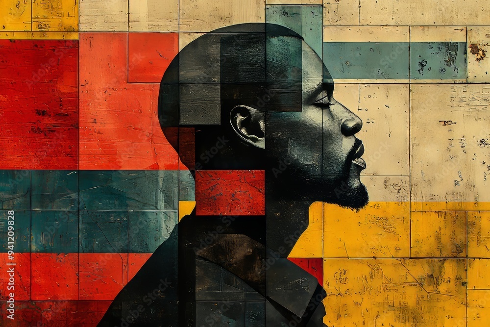 Poster detailed silhouette of a man's figure in dynamic geometric patterns and bold colors