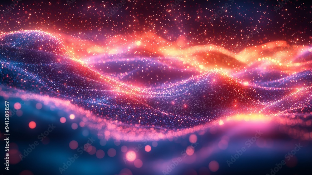 Fototapete Digital landscape with glowing lights and particles. Vibrant colors create a dynamic visual effect. Abstract background with glowing lights and particles.