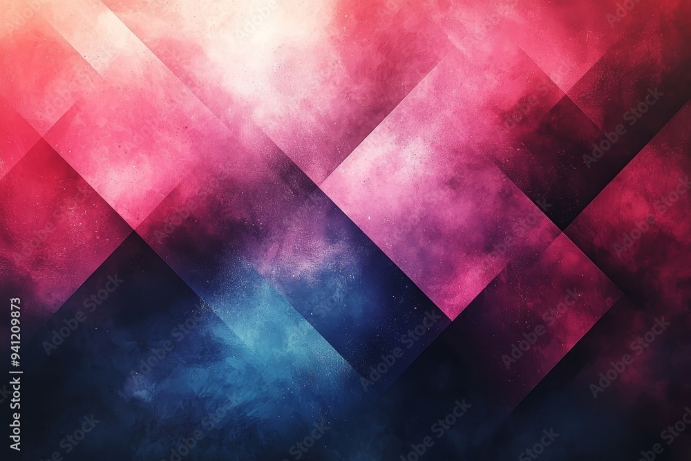 Poster Geometric shapes in pink, blue, and purple intersect against a vibrant abstract background, creating a dynamic design with depth and dimension