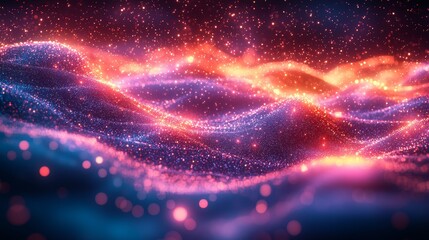 Obraz premium Digital landscape with glowing lights and particles. Vibrant colors create a dynamic visual effect. Abstract background with glowing lights and particles.
