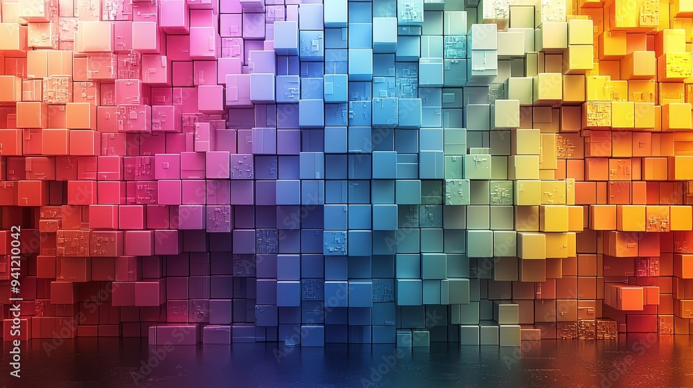 Fototapete A dynamic pattern of colorful, 3D cubes arranged in 3 dimensions.