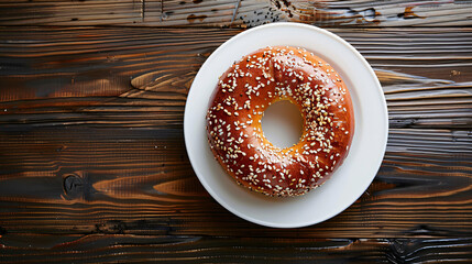 Tempting treat: a freshly baked sesame seed bagel resting on a white plate atop a rustic wooden table