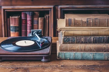 Obraz premium A vintage record player next to a stack of books, perfect for music lovers and bookworms