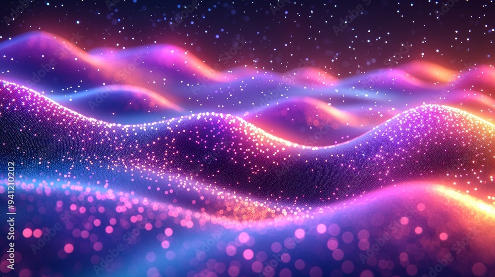 Poster digital wave with colorful light effects and particle overlay, creating a dynamic and futuristic vis