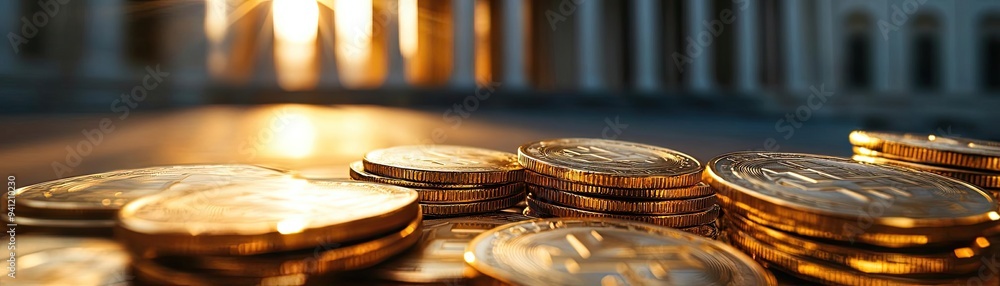 Poster a close-up view of shiny coins reflecting light, symbolizing wealth and investment in a financial co