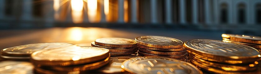 Obraz premium A close-up view of shiny coins reflecting light, symbolizing wealth and investment in a financial context.