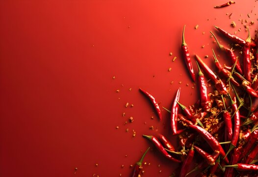 Red chili peppers in movement on a red background, Fresh red chilies arranged on a red background, chili, Red chili peppers on red backdrop, ideal for food photography and spice lovers.