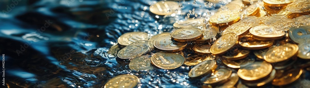 Poster a vivid image of shimmering gold coins partially submerged in water, symbolizing wealth and abundanc