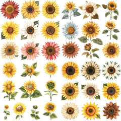 A collection of sunflowers in various colors and sizes. The flowers are arranged in a grid pattern, with some overlapping and others standing alone. Scene is cheerful and bright
