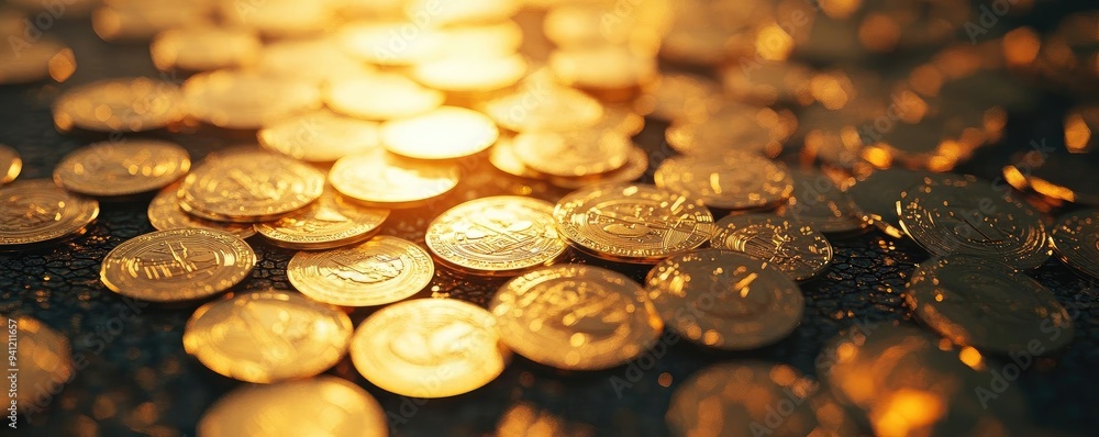 Aufkleber a close-up view of shiny gold coins reflecting light, symbolizing wealth and prosperity in a warm se