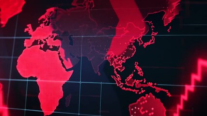 Animation of global economic crisis visualization. World map with falling red graph depicting financial downturn. Dark background with glowing red elements symbolizes market volatility and uncertainty - Powered by Adobe