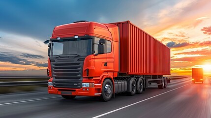 Red Delivery Truck Driving Fast on Highway at Sunset. International Cargo Transportation Theme.
