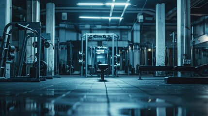 A modern gym room filled with various exercise machines and free weights