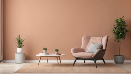 A Pink Armchair in a Modern Living Room with Plants