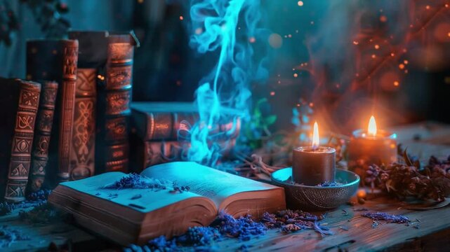 Mystical still life with ancient spell books, glowing candles, and ethereal blue smoke. Magical herbs and enchanted objects create a captivating Wiccan tableau.