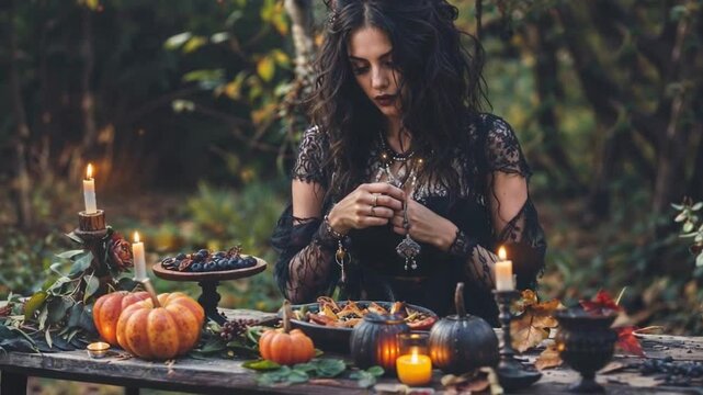 Enchanting forest scene with dark-haired young gothic woman witch in lace dress. Autumnal altar for Lilith goddess with mystical candles. Witchy atmosphere for wiccan nature-based spirituality