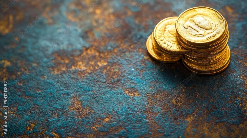 Poster Stack of shiny gold coins on a textured rust background, symbolizing wealth and prosperity in finance and investment.