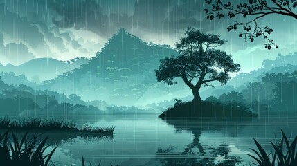 Rain-Soaked Forest Landscape with a Solitary Tree on an Island