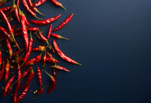 Spilled Red Chilies on a Dark Textured Surface, red hot chili peppers on black background, hot red chili pepper with a black background