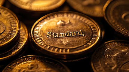 A close-up view of shiny coins showcasing the word 'Standard,' symbolizing value and currency.
