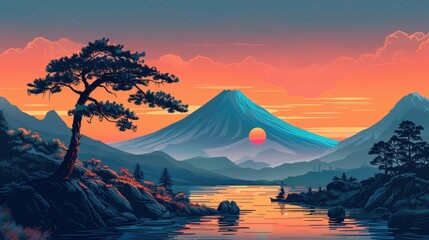 Sunset Over a Mountain and Lake in a Japanese Landscape