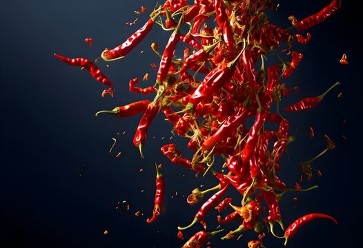 Organic spicy red chilies kitchen spice vegetables on black background, Hot red chilies, 