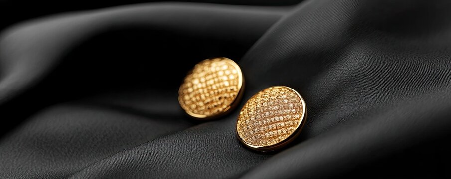 Elegant gold cufflinks resting on soft black fabric, showcasing luxury and style for formal occasions.