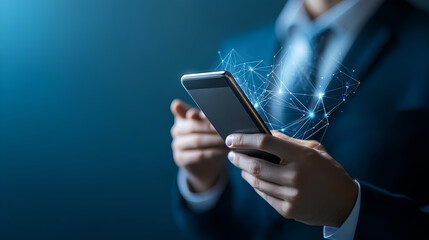 Businessman's hand using smartphone with network connection on blue background. Technology concept