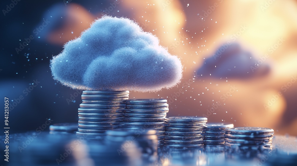 Poster stacks of coins with a cloud symbolizing cloud computing and financial growth.
