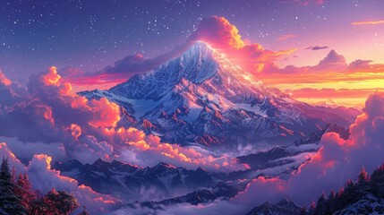 Majestic Mountain Peak at Sunset with Pink and Orange Clouds