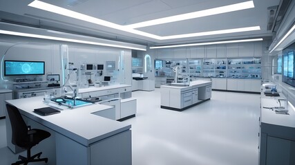 High-Tech Laboratory: Glass and Metal Design with Organized Workstations and Futuristic Scientific Equipment